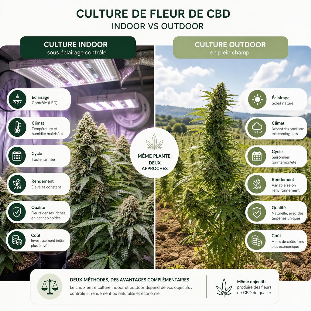 Fleur de CBD zéro THC indoor vs outdoor