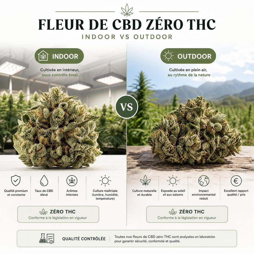 Fleur de CBD zéro THC indoor vs outdoor