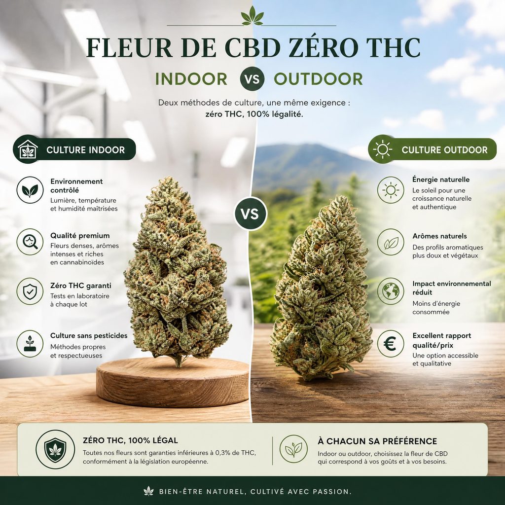Fleur de CBD zéro THC indoor vs outdoor